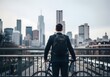 © Yanti - A determined man in a suit stands with a bicycle on an elevated walkway looking out at a sprawling cityscape of towering skyscrapers under an overcast sky representing ambition and urban commute