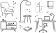 © AKTAR - Home office and living room furniture line icon set with armchair desk lamp console table elements