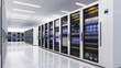 © oselote - White storage and processing unit, large AI processing server room, data center storage and network processing room, SSD and hard disk drive storage, and processor cooling system,3D rendering