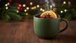 © antuanetto - Steaming mulled wine in a ceramic mug on a rustic wooden table for a cozy Christmas holiday celebration concept with warm festive bokeh lights