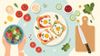 © Fahima - Healthy breakfast composition with fried eggs on toast, fresh green salad, and sliced tomatoes seen from a top view.