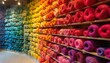 © miss irine - Multitude of multicolored wool yarn balls arranged on wooden shelves forming a vibrant rainbow. Craft supplies offer inspiration for art projects and handmade creations.