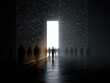 © 4kclips - The future of work and digital transformation showing a crowd of people walking towards a bright light emanating from a digital portal in the dark.