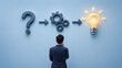 © M@rketVisualsStudio - Innovative business problem solving concept with businessman analyzing 3d question mark gears and glowing lightbulb