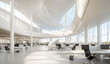 © Hellal khan - Futuristic white office interior with curved architectural lines, smooth surfaces, rows of desks, and large windows under a bright ceiling
