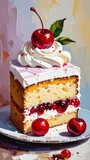 Delicious cake with cherries and whipped cream.