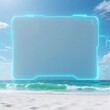 © GK Design Studio - 青空とエメラルドグリーンの波打ち際の境界線に立つ水色に発光する枠線で囲まれた巨大な空白の画面、環境のコンセプトイメージ