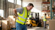 © CK Studio - Warehouse worker suffering from back pain inside logistics center, illustrating workplace injury risks.