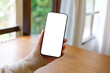 © Farknot Architect - Mockup image of a woman holding mobile phone with blank white desktop screen at home