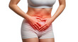 © Mustadir - Woman suffering from abdominal pain and stomach cramps, healthcare and digestive health concept isolated on white background.