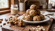 © AditRestuFauzi - A stack of delicious no-bake energy balls made with oats, peanut butter, and chocolate chips, professionally arranged on a rustic wooden table for a healthy snack