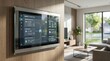 © Ming - Smart home energy management system panel on wall showing solar generation usage battery storage data, modern interior living room background