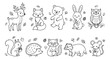 © Farah-Studio - Cute woodland animals coloring page vector set, hand drawn forest creatures line art, 10 black and white animal characters for kids activities