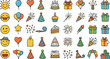 © MdAnowar - Cute birthday party line icons set including celebration cake gifts balloons party hats fireworks and emojis vector illustration.Cute birthday party line icons set including celebration cake gifts bal
