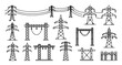 © Neoviz Studio - Collection of high voltage electricity pylon icons and power transmission line structures as black line vector graphics for energy infrastructure concepts
