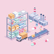 © Daisy - An isometric illustration of a pharmaceutical factory and warehouse setting