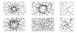 © Dot Zone - Broken window glass shards and shattered mirror texture patterns set. Various shattered glass frame textures showing impact points and radiating cracks. Vector illustrations.