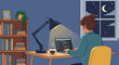 © Leo - Woman coding on laptop at desk with lamp and coffee, late night work or study