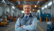 © 247 Stocks - Professional middleaged factory manager standing with arms crossed in a modern industrial manufacturing facility, confident and experienced leader