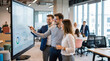 © Celt Studio - Happy diverse corporate business team analyzing complex financial data charts on large interactive digital whiteboard during creative modern office strategy meeting