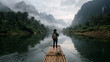 © yiting - Person on a boat in scenic river surrounded by mountains, travel and nature landscape