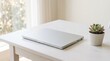© Visionary Source - A clean and bright image of a closed, modern silver laptop resting on a white table next to a small succulent plant