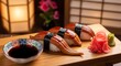 © GeniusWorkX - Unagi Nigiri Sushi with Soy Sauce and Pickled Ginger on Wooden Board