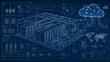 © crispy - Server room blueprint with cloud computing visualization. Data center architecture diagram with global network connectivity. Infrastructure engineering plan for digital technology system