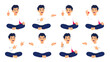 © Alan - Cartoon boy sitting cross legged showing different hand gestures