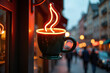 © Krystyna - Coffee shop mug sign. Cafe street signage. Hot drink branding. Cozy urban coffee concept. Neon cafe symbol
