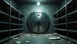 © Viktor - Empty bank vault interior. Thick metal door stands open. Shelves line walls, debris litters floor. Dramatic scene implies theft or abandonment.