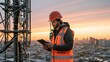 © Justlight - Medium shot of a technician in a reflective safety vest examining a 5G massive MIMO antenna on a dense urban rooftop holding a tablet and signal meter during a goldenhour sunset