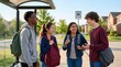 © Arts Eira - Friends chatting at a bus stop on a sunny day