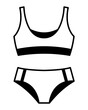 © Mirikiteki - Sport bikini swimsuit illustration, minimalist black outline two piece swimwear with crop top and high waist bottom, isolated summer beachwear icon for fashion, pool and vacation design