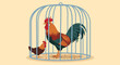 © Kuli - Rooster and hen inside a cage illustration against a simple beige background