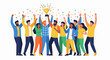 © atuh - Diverse group celebrates victory holding up a trophy and confetti falls