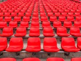 Rows of Red Plastic Stadium Seats in Sports Arena, Empty Football and Soccer Stadium Seating