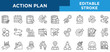 © BBLOVVA - Action plan line icons set with planning workflow, goal setting, task execution, progress tracking, teamwork, timelines, and strategic business processes concepts. Editable stroke vector collection.
