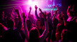 © tae - Vibrant crowd of energetic youth dancing inside a pulsating nightclub illuminated by glowing pink and violet neon lights during an upbeat party celebration of modern urban nightlife culture.