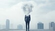© olga_demina - Businessperson standing on a rooftop with a cloud replacing their head, symbolizing mental overload, stress, and burnout in an urban environment. Represents the chaos of modern life