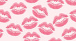 © Andromax Studio - Seamless pattern of pink watercolor lipstick kiss marks and lip prints on a light pink background, featuring artistic textured details for beauty, fashion, and romantic designs.