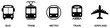 © MD REZAUL - Air, Auto, Railway Transport Silhouette Icon Set, stop station sign for public transport glyph pictogram, car bus tram train metro plane ship icons in front view, isolated vector illustration for