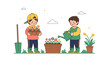 © Biplob - Two cheerful boys planting flowers and watering them in garden under cloudy sky for nature conservation and environment education.