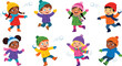 © VectoStudio - Happy diverse kids playing snowball fight, winter children outdoor activities vector illustration
