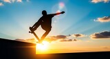 Silhouette of skateboarder performing trick at sunset with vibrant sky