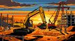 © Rizzz - Pixel art construction site with excavator and crane at sunset