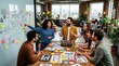 © gabriel - Diverse group of people brainstorming ideas with sticky notes and laptops in office