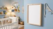 © visualdalamframe - Baby nursery room with crib, mobile, and decor, next to a mockup poster on the wall.