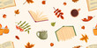 © Ekaterina Sumanosova - Seamless autumn pattern with books, coffee, candles, berries and colorful fall leaves. Cozy reading theme background for fabric, wrapping paper, stationery, scrapbook, wallpaper and seasonal design