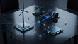 © NK - Conceptual 3D model of a clean energy system connecting wind turbine solar panel battery and generator with glowing network lines showing smart renewable power management technology
